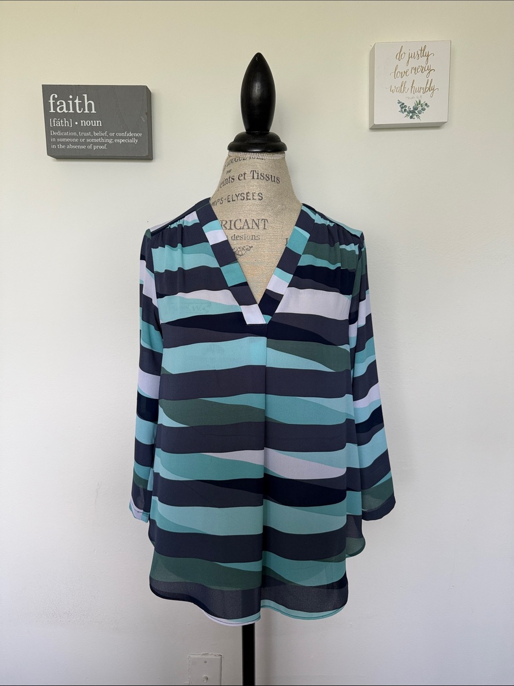 a.n.a Striped V-Neck Long Sleeve Top in Teal, Navy and Light Blue